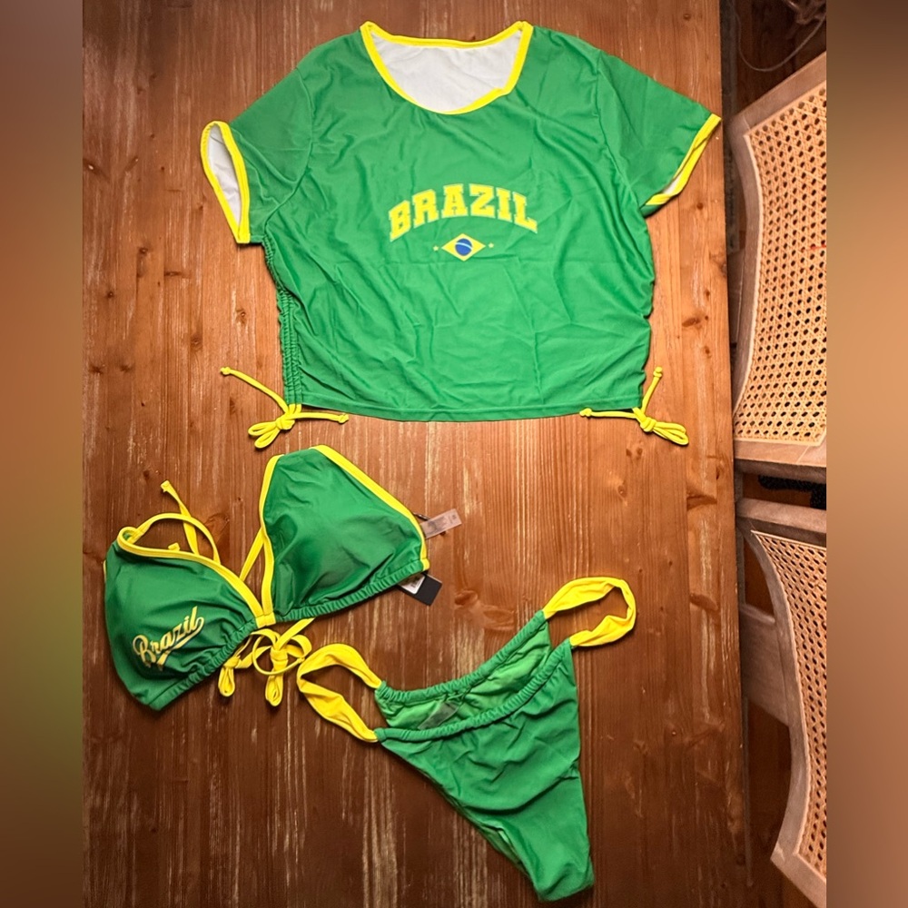 Fashion Nova Brazilian Green Bikini with Yellow Trim and Matching Tee